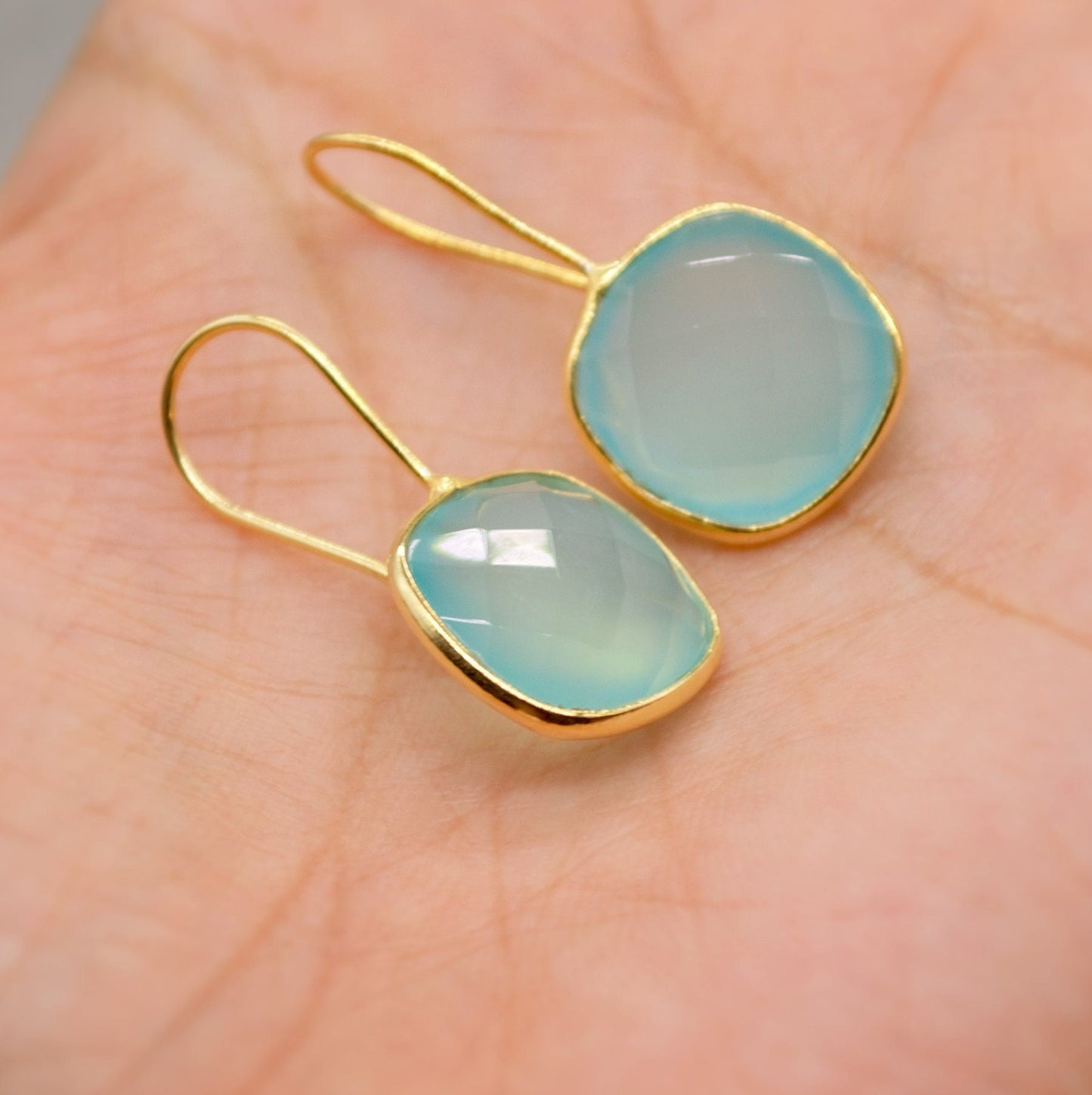 Gold Aqua Chalcedony Earrings, Blue Dangle Earrings, Chalcedony Jewelry, Gold Plated Unique Earrings, Birthday Gift For Her, Bridesmaid Gift