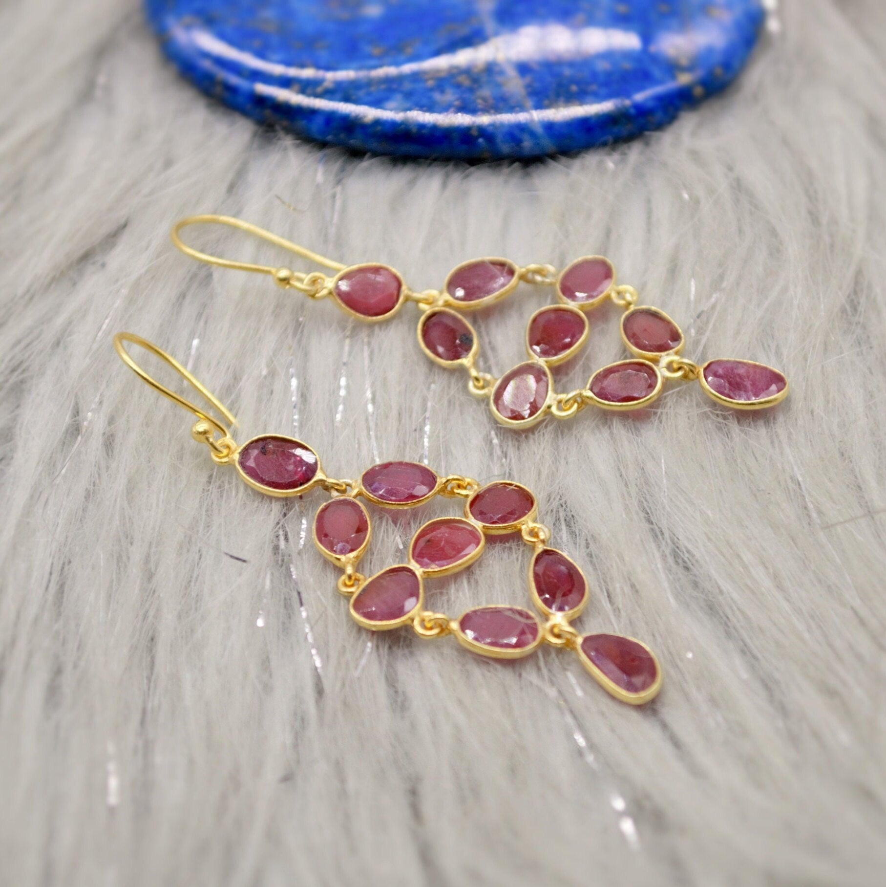 Red Ruby Earrings, Gold Plated Sterling Silver Earrings, Gold Gemstone Earrings, Ruby Dangle Drop Earrings, Bridesmaid, Gifts For Her