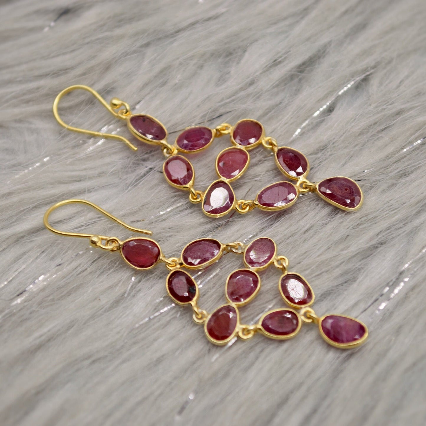 Red Ruby Earrings, Gold Plated Sterling Silver Earrings, Gold Gemstone Earrings, Ruby Dangle Drop Earrings, Bridesmaid, Gifts For Her