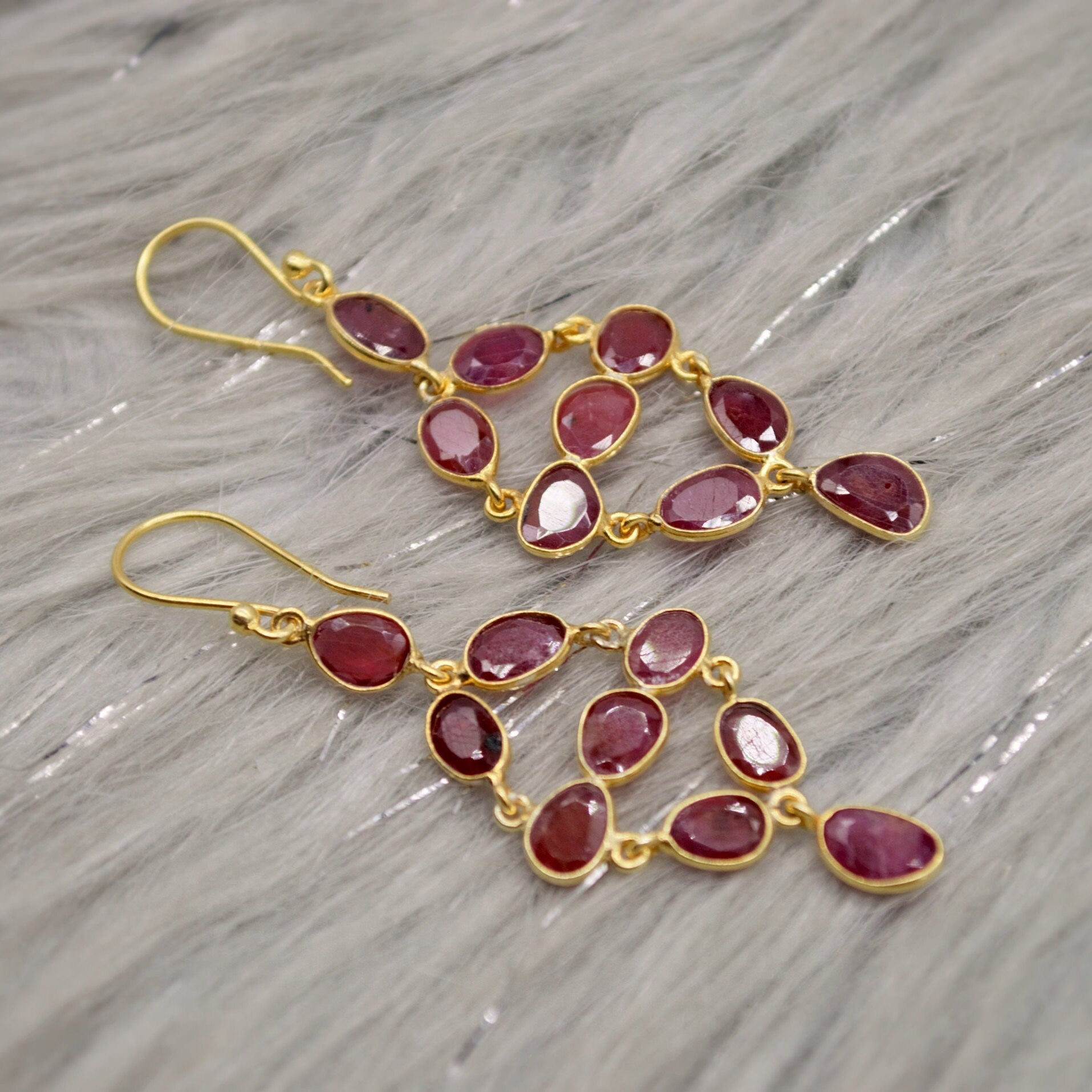 Red Ruby Earrings, Gold Plated Sterling Silver Earrings, Gold Gemstone Earrings, Ruby Dangle Drop Earrings, Bridesmaid, Gifts For Her