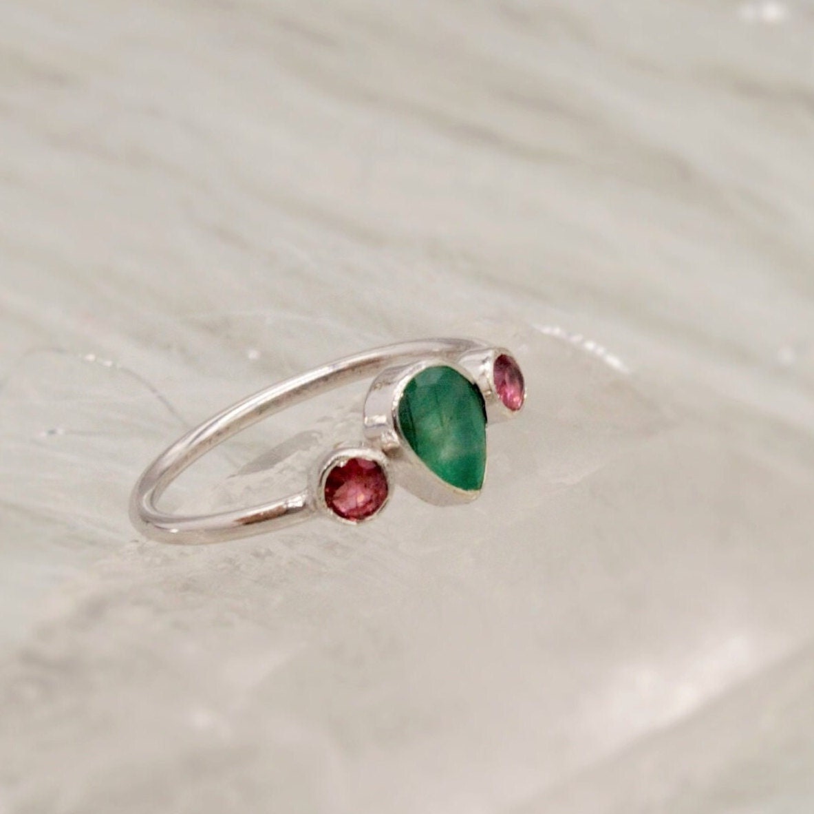 Pink Tourmaline, Emerald Silver Ring, Sterling Silver Emerald Jewelry, May, October Birthstone Ring, Stackable Rings For Women