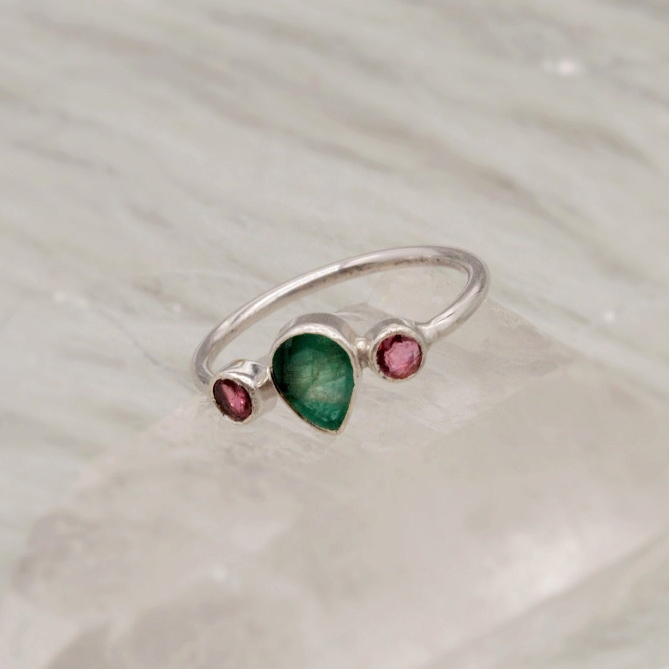 Pink Tourmaline, Emerald Silver Ring, Sterling Silver Emerald Jewelry, May, October Birthstone Ring, Stackable Rings For Women