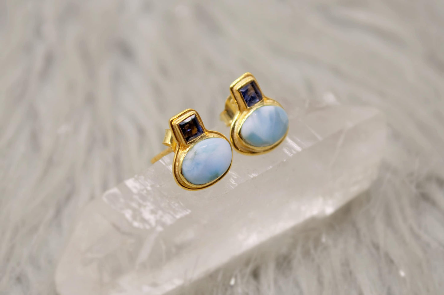 Larimar Earrings, Iolite and Larimar Gemstone, Gold Plated Sterling silver, Dainty Studs Earrings, Handmade Birthday Gift For Her