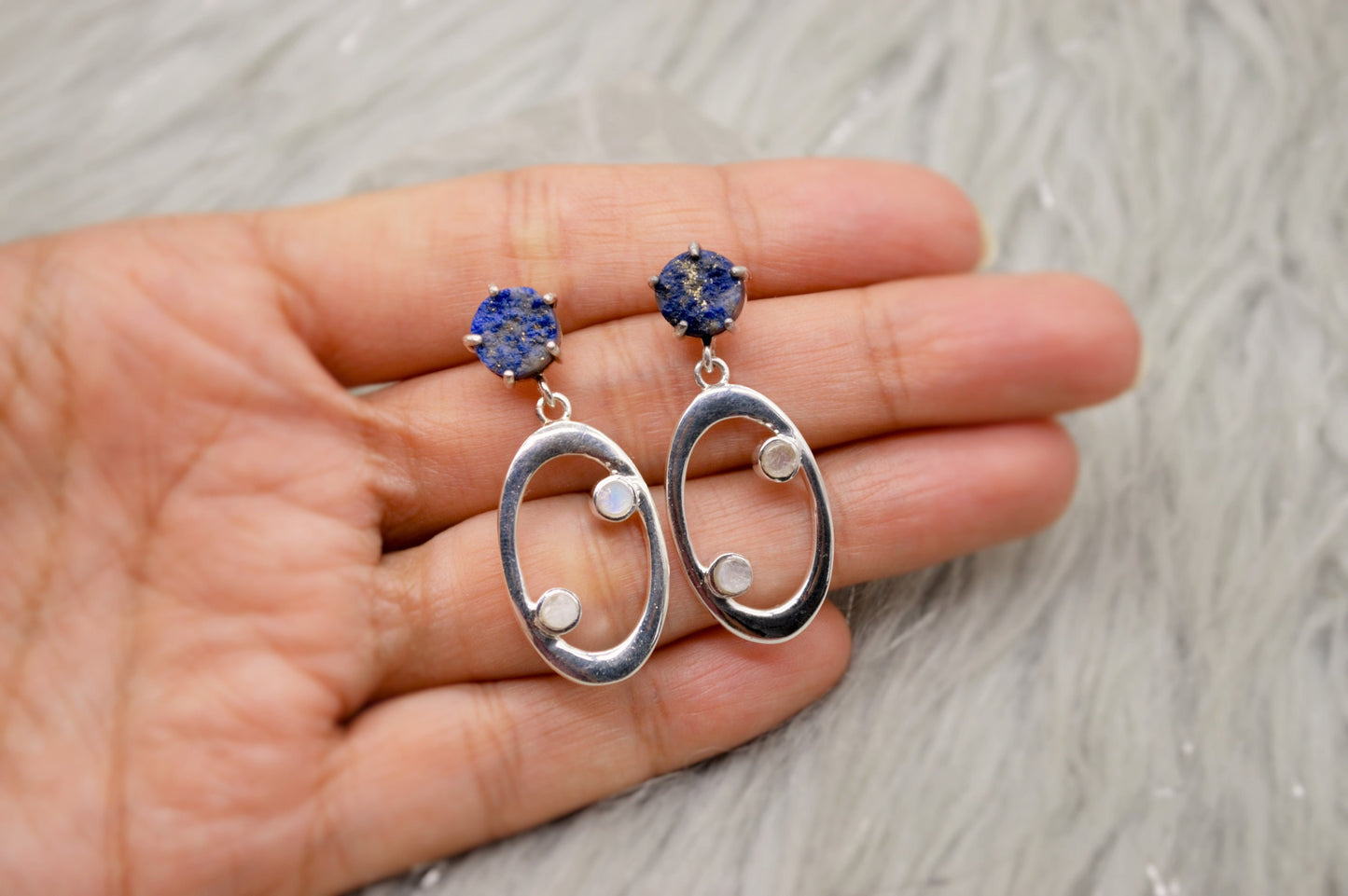 Lapis Lazuli, Moonstone Silver Earrings, June Birthstone, December Birthstone, Minimalist Blue Earrings, Sterling Silver Drop Earrings