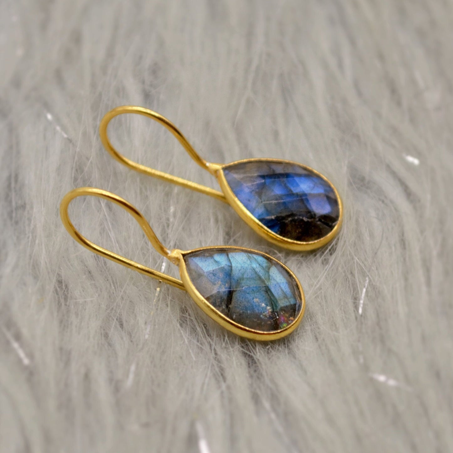 Labradorite Dangle Silver Earrings, Gold Plated Sterling Silver, Handmade Gemstone Earrings, Labradorite Stone Jewelry, Gift For Her