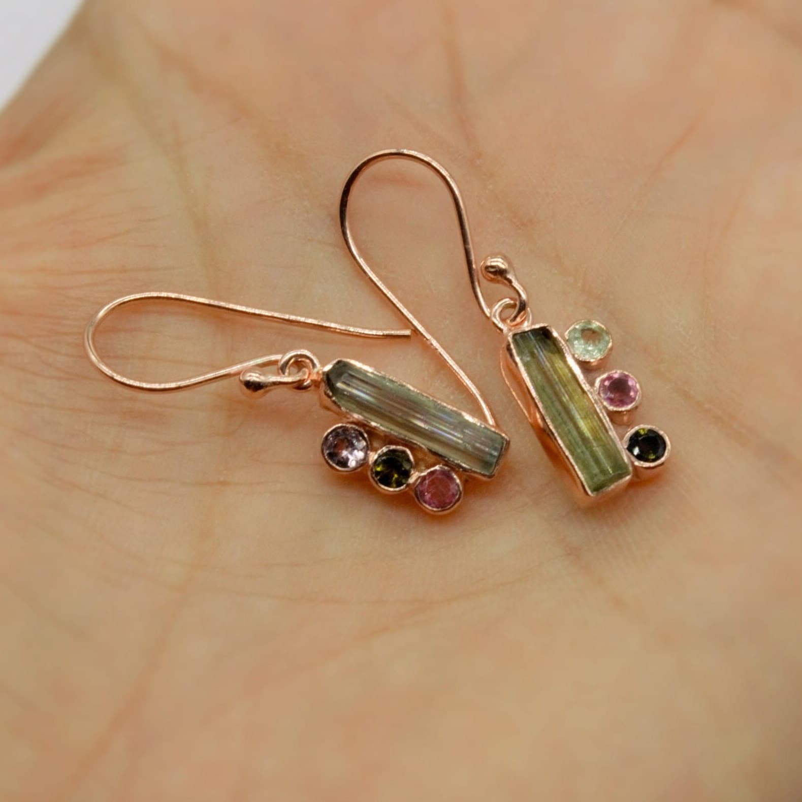 Mixed Tourmaline Earrings, Dainty Sterling Silver Earrings, Rose Gold Earrings, October Birthstone Earrings, Gifts For Her